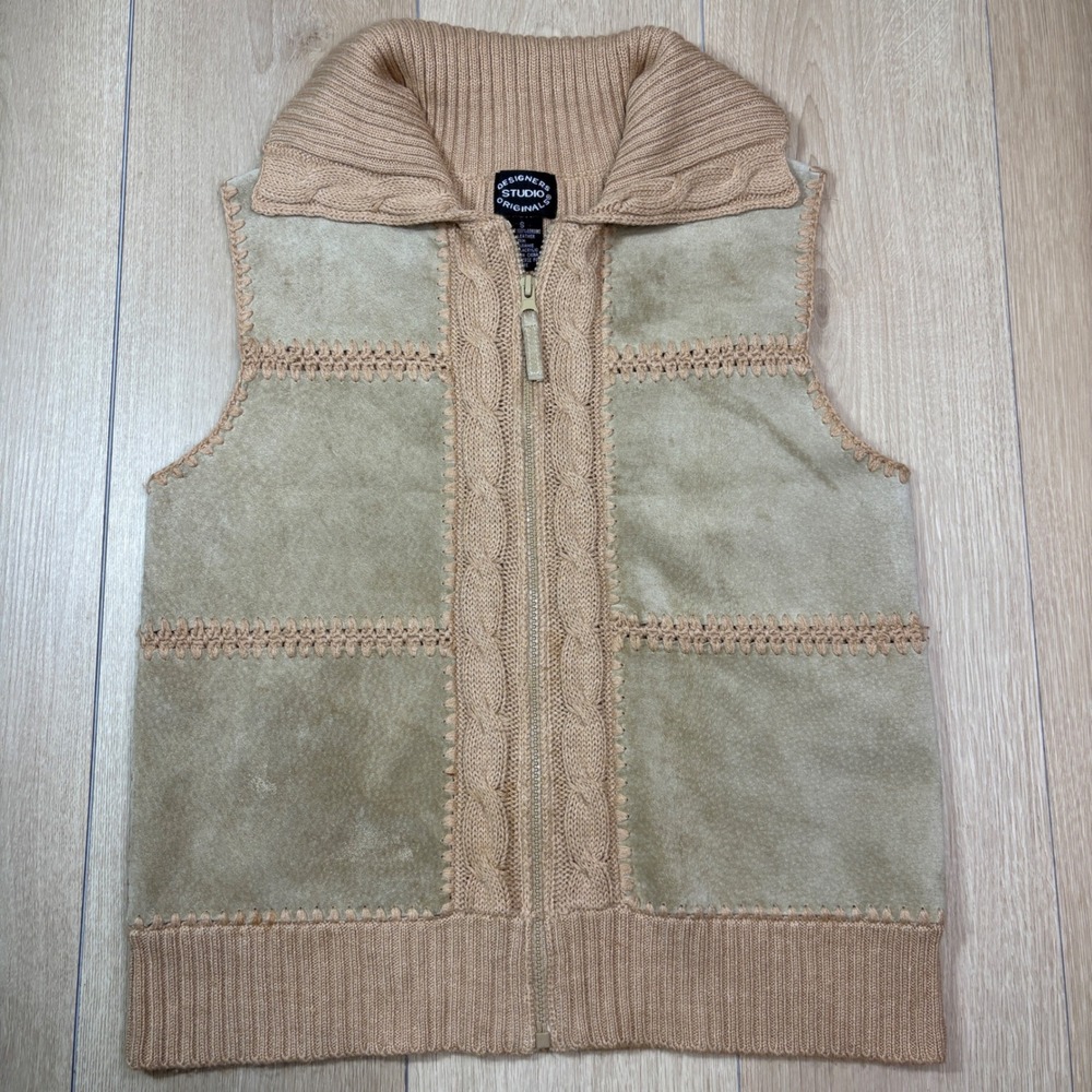 Designers Studio Originals Tan Suede Patchwork Leather Cable Knit Zip Vest Small